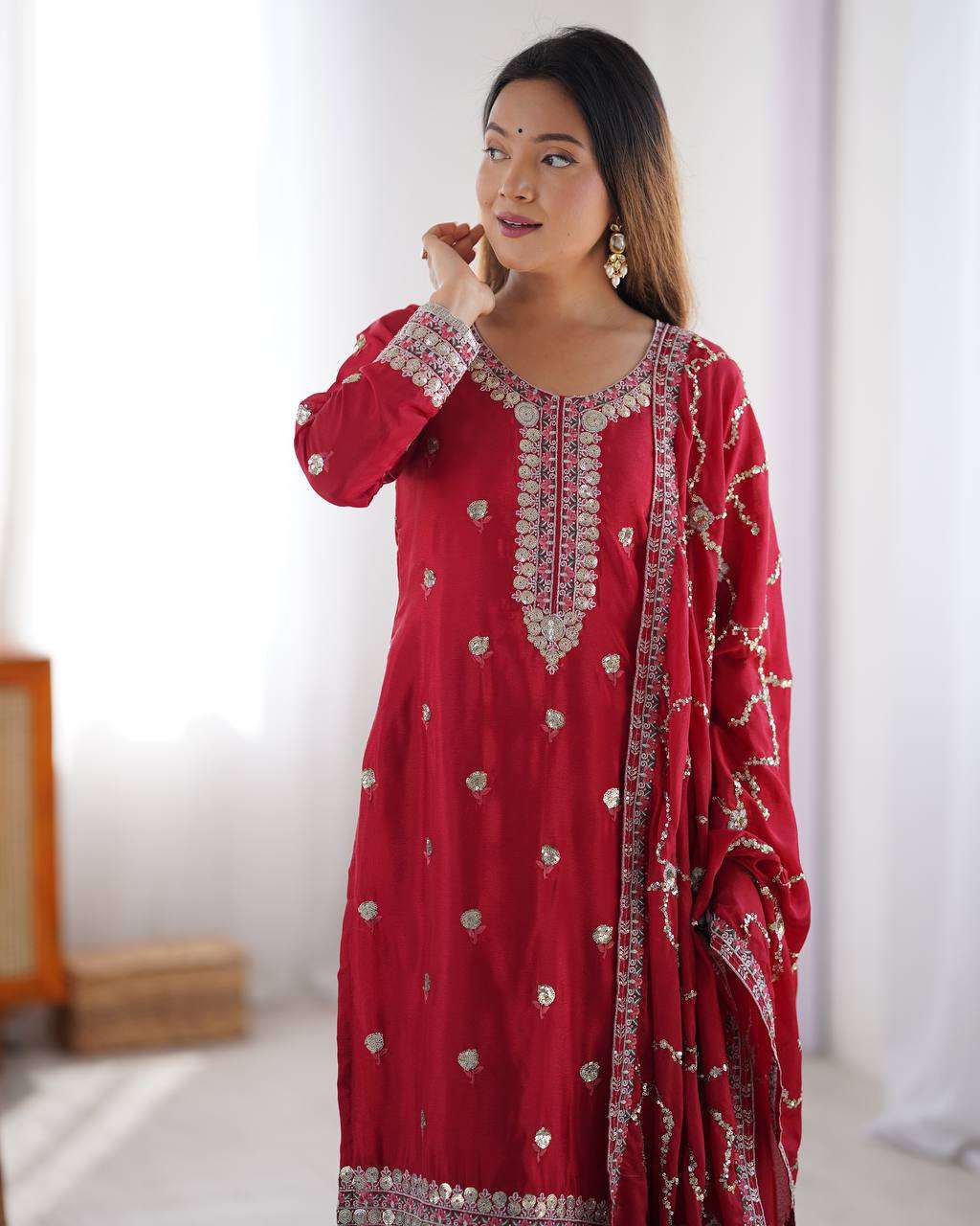 Women's Chinon Silk Embroidered Straight Kurti with Pant And Dupatta Set - Image 10